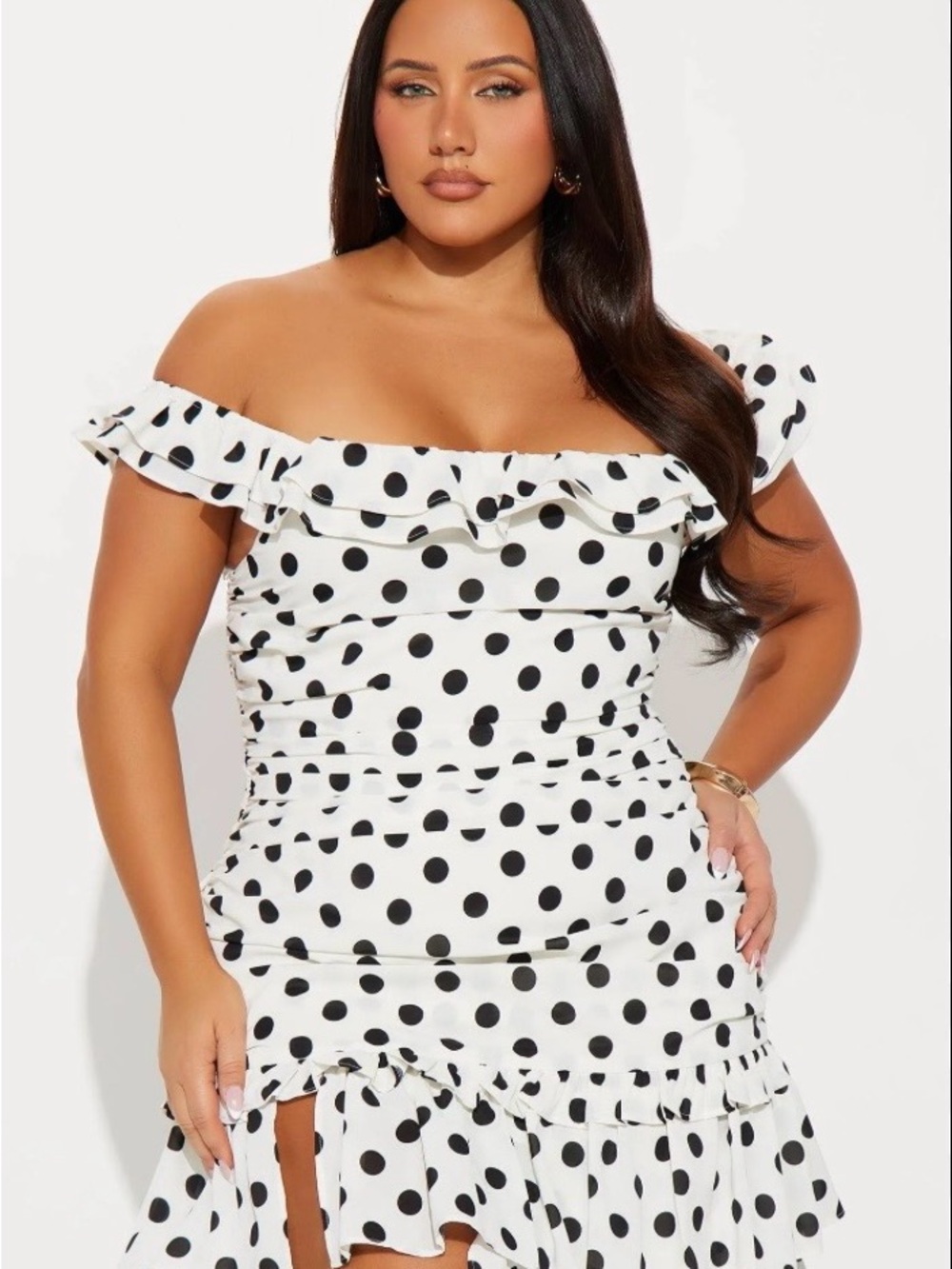 Fashion Nova White & Black Polka Dot One-Shoulder Ruffle Maxi Dress - Picture 2 of 11